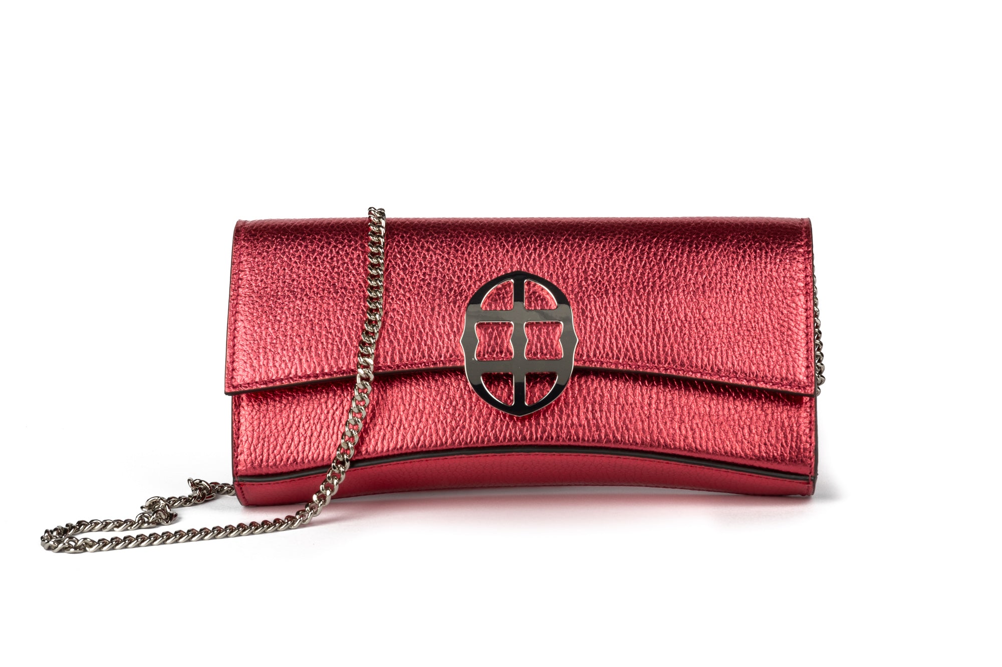 Red handbag with a chain detail, Red clutch bag with a gold emblem on a white background - DEI DUCHI (ALMATEA)