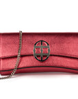 Red handbag with a chain detail, Red clutch bag with a gold emblem on a white background - DEI DUCHI (ALMATEA)