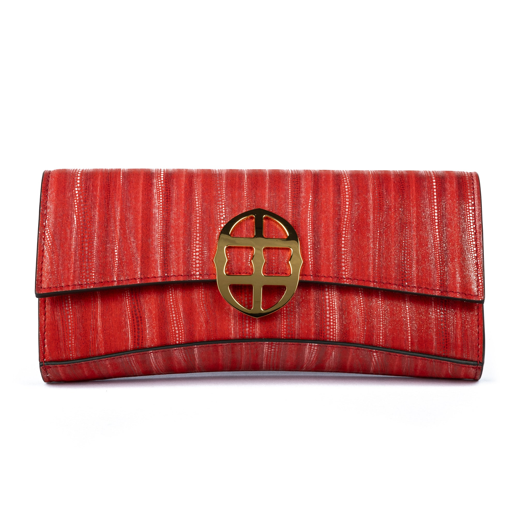 Red handbag with a chain detail, Red clutch bag with a gold emblem on a white background - DEI DUCHI (ALMATEA)