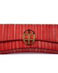 Red handbag with a chain detail, Red clutch bag with a gold emblem on a white background - DEI DUCHI (ALMATEA)