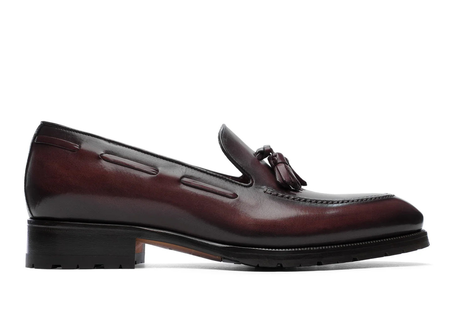 Umberto - Bordeaux Antiqued Pointed toe. Crust Calf. White full/grain calfskin. Tuscan tanned. Hand-dyed and antiqued leather. 9mm sole. 27mm heel height. Tuscan leather. Blake construction with bottom stitching. - Sartoria Dei Duchi - Atri