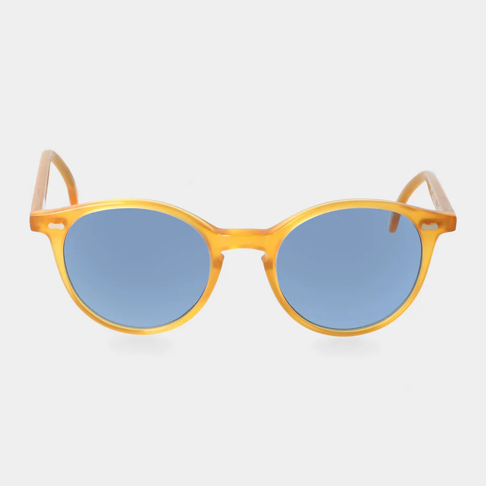 Sunglasses with yellow frame and blue lenses on a white background. - DEI DUCHI