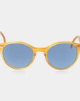 Sunglasses with yellow frame and blue lenses on a white background. - DEI DUCHI