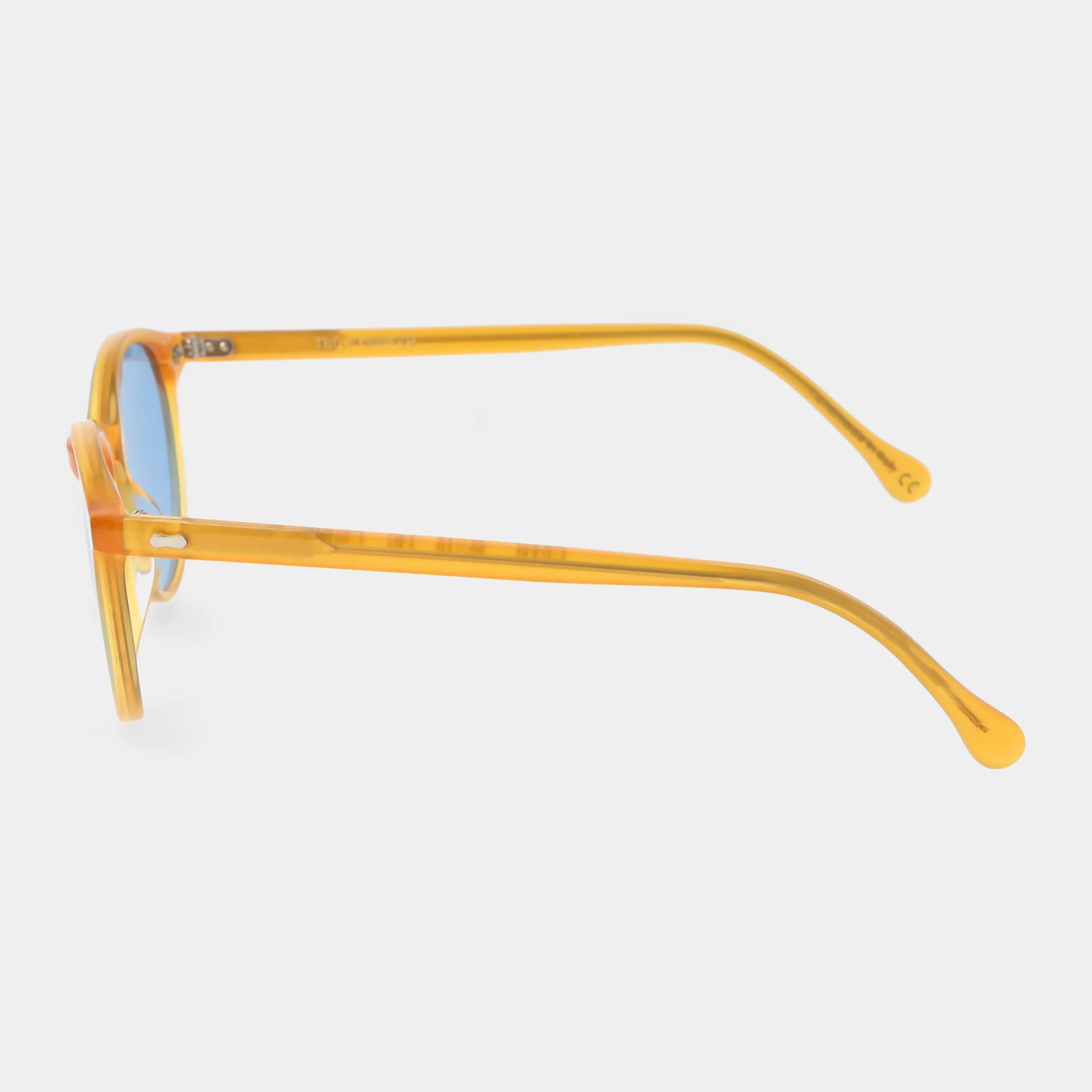 Sunglasses with yellow frame and blue lenses on a white background. - DEI DUCHI