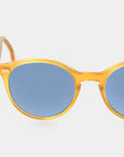 Sunglasses with yellow frame and blue lenses on a white background. - DEI DUCHI