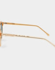 Gold-framed sunglasses with green lenses on a light gray background. - DEI DUCHI