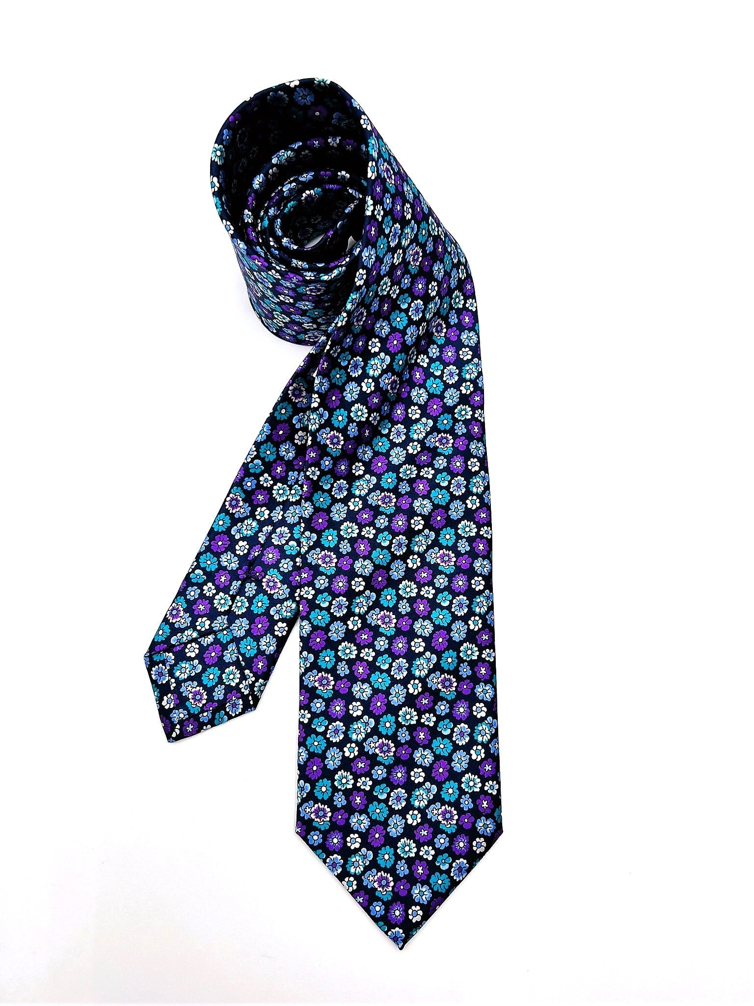 Aqua Blue Purple Floral Silk Tie. Pure silk three fold tie. Handmade by our Italian tailors. 100% Pure silk.Our ties standard  width is 8 cm (3.15 inch).| Sartoria Dei Duchi - Atri