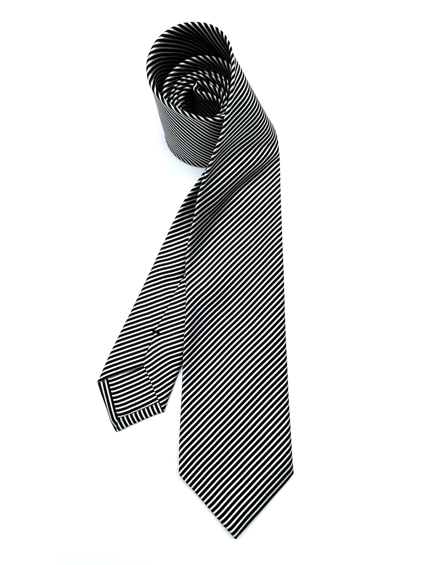 Black White Pinstripes Silk Tie. Pure silk three fold tie. Handmade by our Italian tailors. 100% Pure silk.Our ties standard  width is 8 cm (3.15 inch).| Sartoria Dei Duchi - Atri