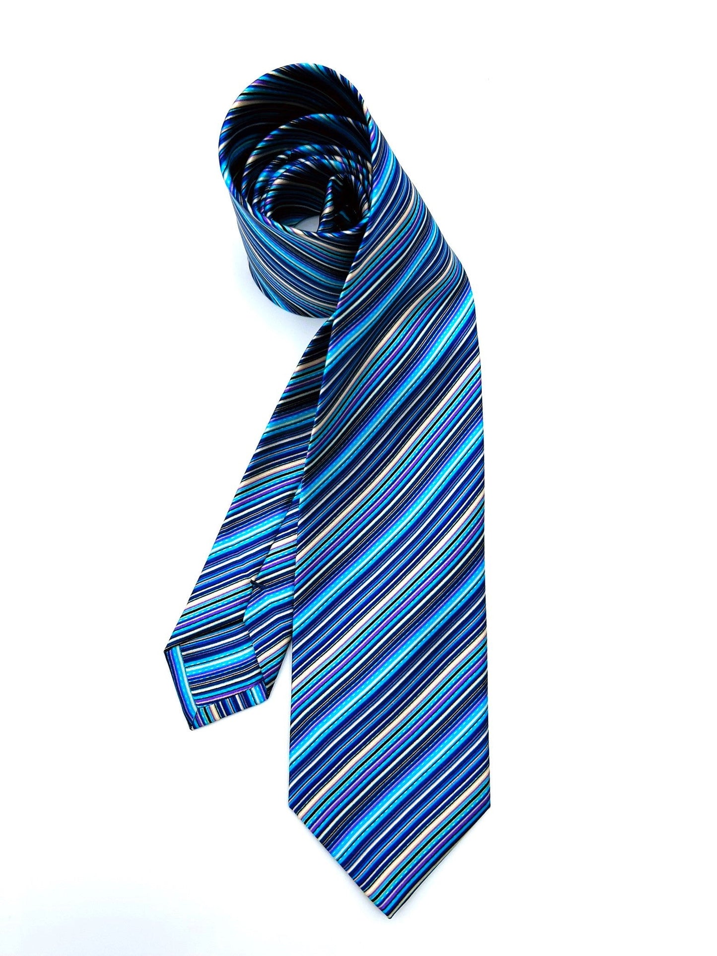 Blue Barcode Striped Silk Tie. Pure silk three fold tie. Handmade by our Italian tailors. 100% Pure silk.Our ties standard  width is 8 cm (3.15 inch).| Sartoria Dei Duchi - Atri