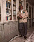 Handmade Cashmere & Vicuna jacket. Single breasted, two-button, 100% Camel Hair versions. Classic pocket trousers, handmade bird's eye pattern. No pleats on front, classic buttoning and belt loop finish. Front American pockets, classic welt pockets w/ button on back. Trousers in cotton finishes and knee pads with lining inside, center slit at the back of the belt. Button holes, pockets, under knack. Suit is fitted, yet extremely comfortable | Sartoria Dei – Duch