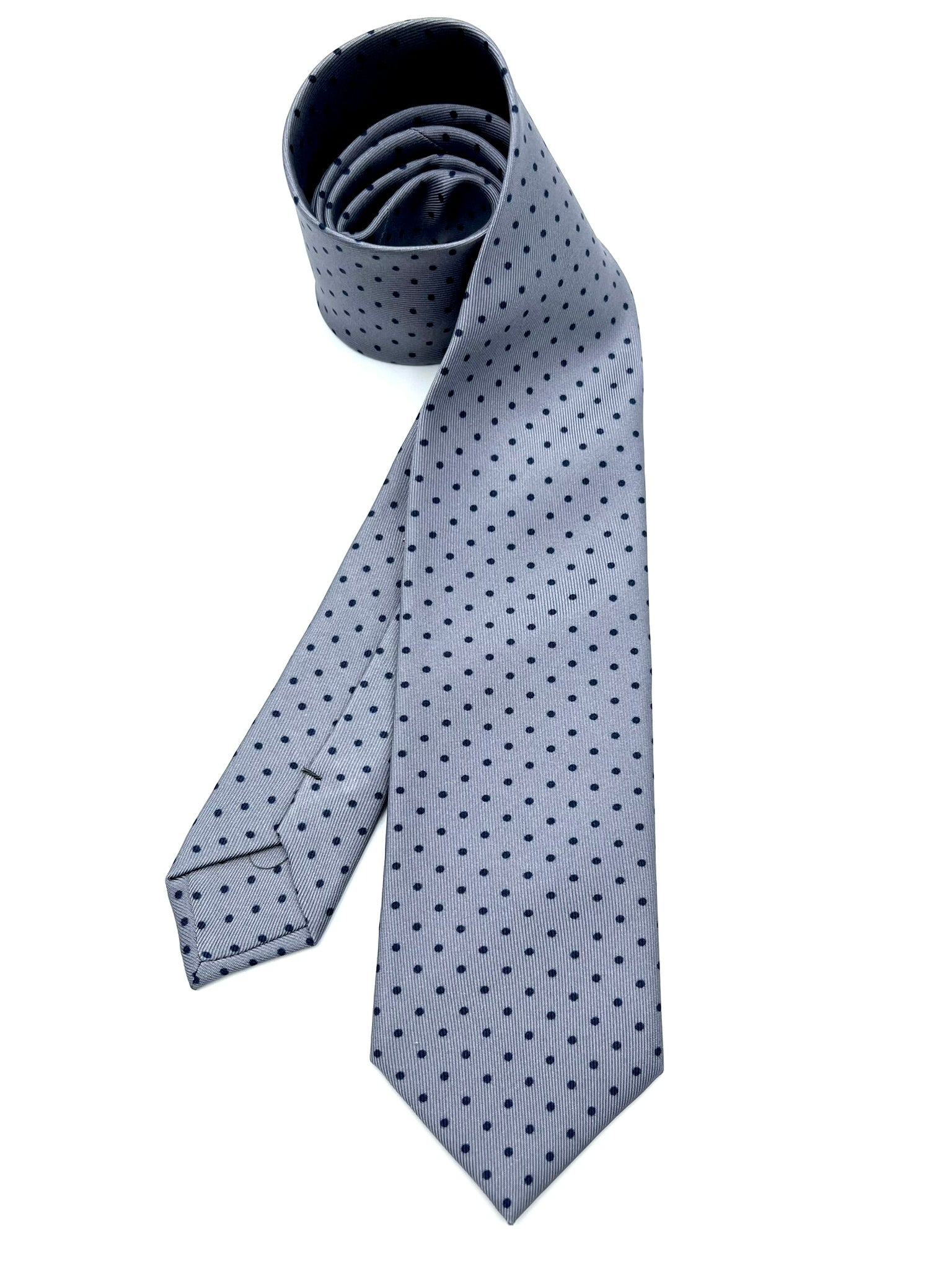 Magnesium Grey Polka Dots Silk Tie Pure silk three fold tie. Handmade by our Italian tailors. 100% Pure silk. Our ties standard width is 8 cm (3.15 inch),  standard length is 150 cm (59 inch). | Sartoria Dei Duchi - Atri