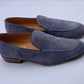 Moccasin 100% MADE IN ITALY, in soft suede calfskin, bottom with lightweight leather sole, BLAKE stitching and leather bombé bottom. The color is a middle grey blue. Shape with regular plant suitable for a wide audience.|Sartoria Dei Duchi - Atri