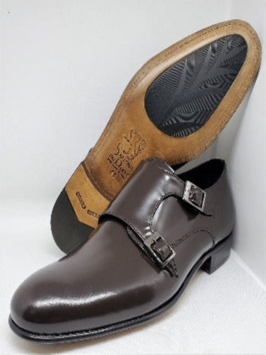 Monk Strap Shoe - Dark Brown Double buckle and smooth upper in polished abrasive calfskin-  Bottom with BLAKE stitched light leather sole / Blake workmanship / Shiny calf leather /  Black calfskin lining / Rounded shape /  Lightweight leather bottom with non-slip insert sewn to BLAKE /  Leather insole | Sartoria Dei Duchi - Atri