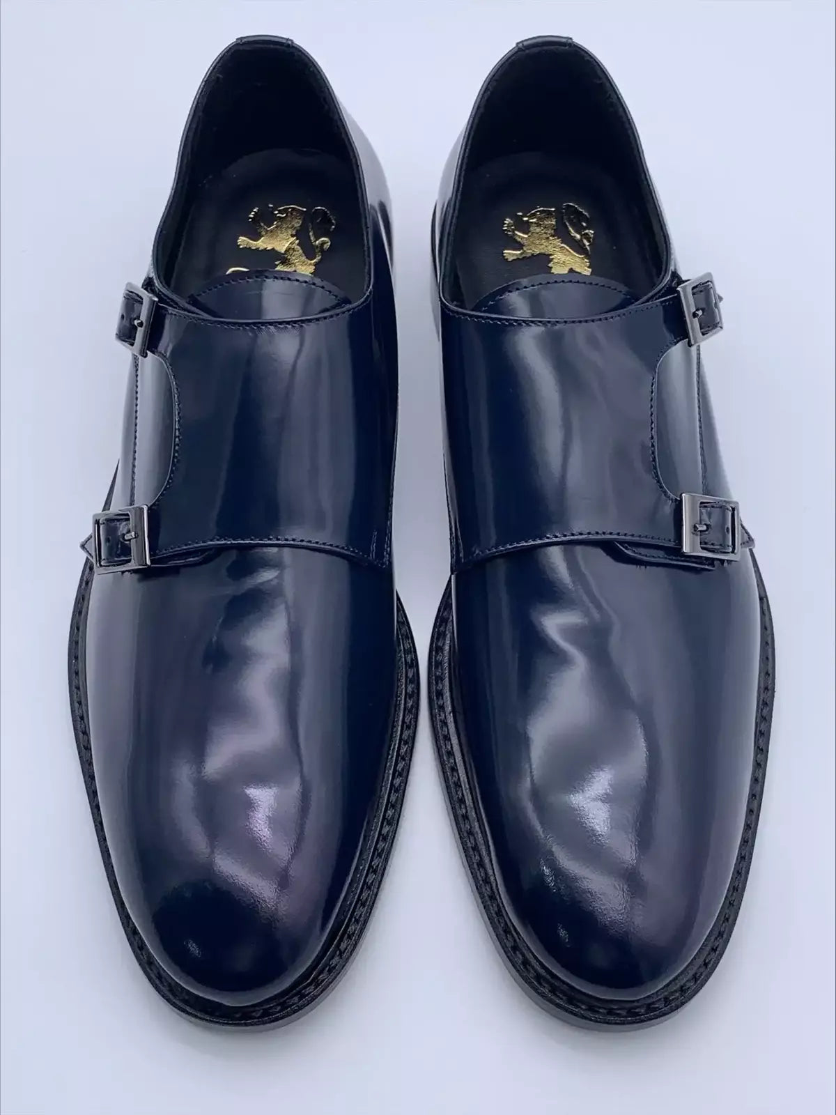 Monk Strap Shoe - Dark Blue Double buckle and smooth upper in polished abrasive calfskin- Bottom with BLAKE stitched light leather sole / Blake workmanship / Shiny calf leather / Black calfskin lining / Rounded shape / Lightweight leather bottom with non-slip insert sewn to BLAKE / Leather insole | Sartoria Dei Duchi - Atri