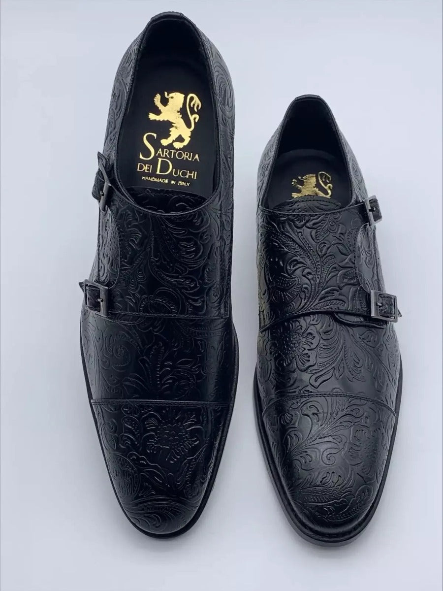 Damask Black Double Buckle  Shoe with double buckle and needle, 100% made in Italy, in calf leather with damask print, bottom with leather sole with stitched welt, BLAKE processing. Black color and black calfskin lining.|Sartoria Dei Duchi - Atri