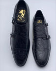 Damask Black Double Buckle  Shoe with double buckle and needle, 100% made in Italy, in calf leather with damask print, bottom with leather sole with stitched welt, BLAKE processing. Black color and black calfskin lining.|Sartoria Dei Duchi - Atri