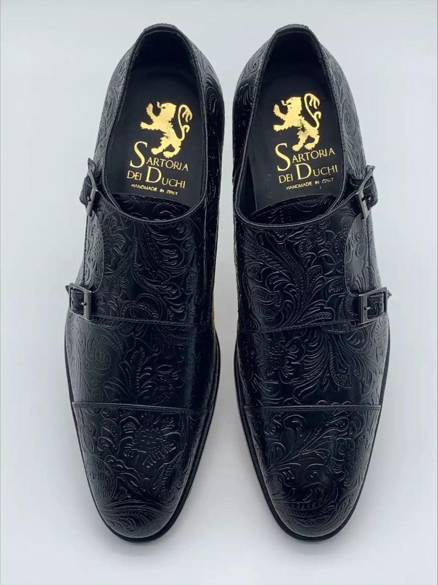 Damask Black Double Buckle  Shoe with double buckle and needle, 100% made in Italy, in calf leather with damask print, bottom with leather sole with stitched welt, BLAKE processing. Black color and black calfskin lining.|Sartoria Dei Duchi - Atri