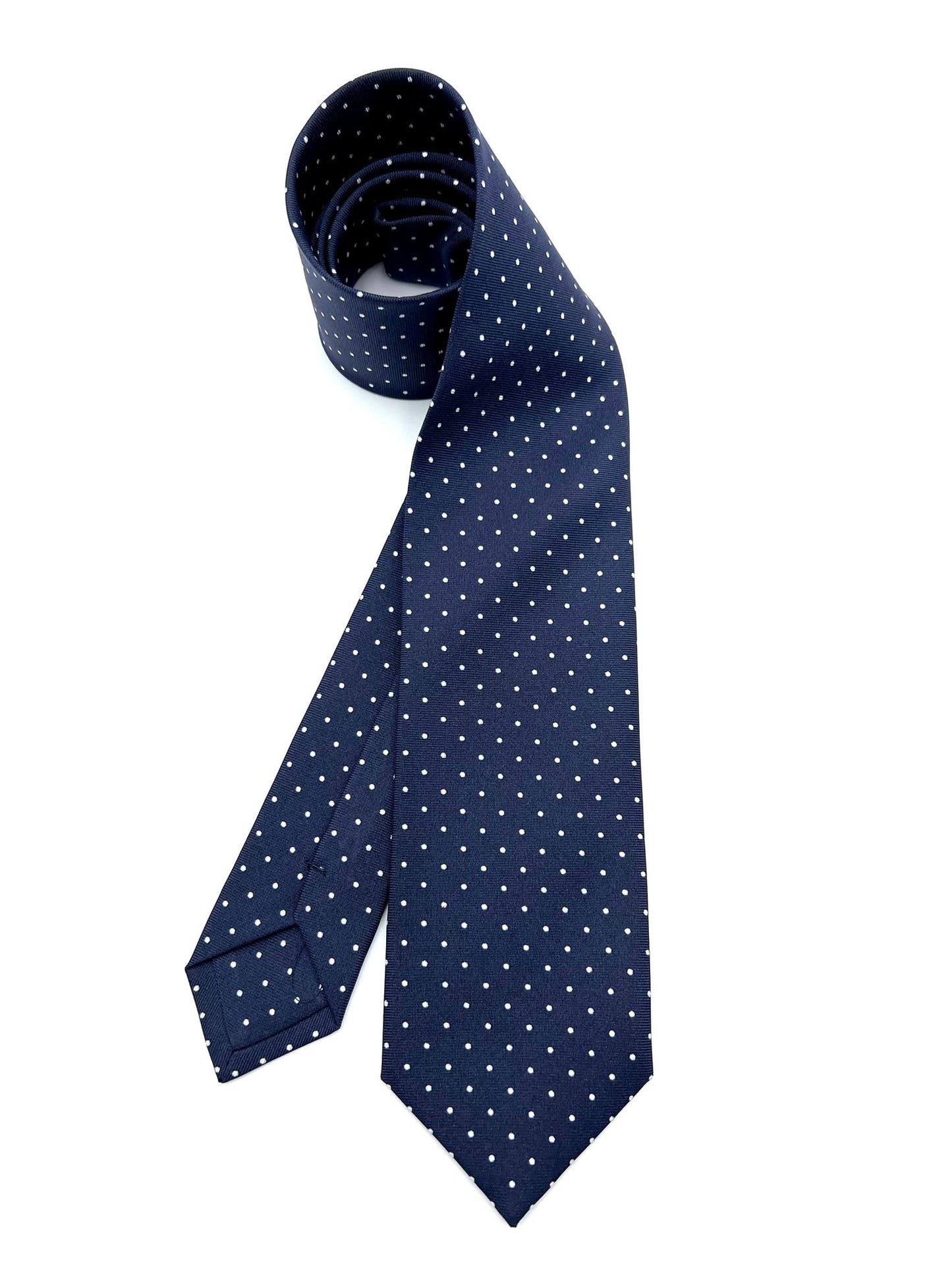 Navy Blue Microdots Silk Tie Pure silk three fold tie. Handmade by our Italian tailors. 100% Pure silk. Our ties standard width is 8 cm (3.15 inch),  standard length is 150 cm (59 inch). | Sartoria Dei Duchi - Atri