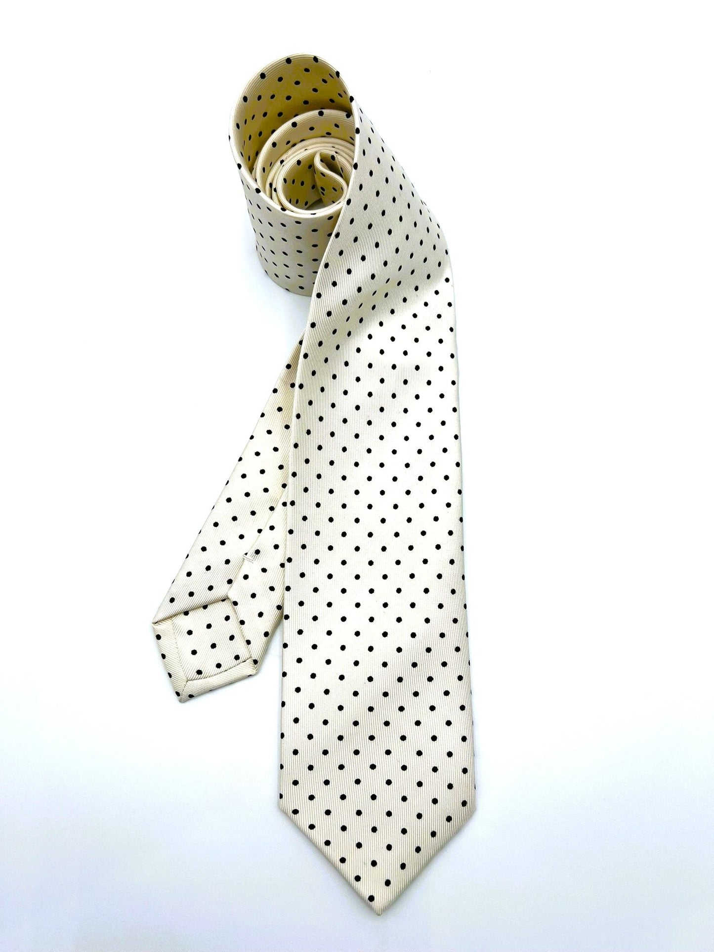 White with Black Polka Dots Silk Tie. Pure silk three fold tie. Handmade by our Italian tailors. 100% Pure silk.Our ties standard  width is 8 cm (3.15 inch).| Sartoria Dei Duchi - Atri
