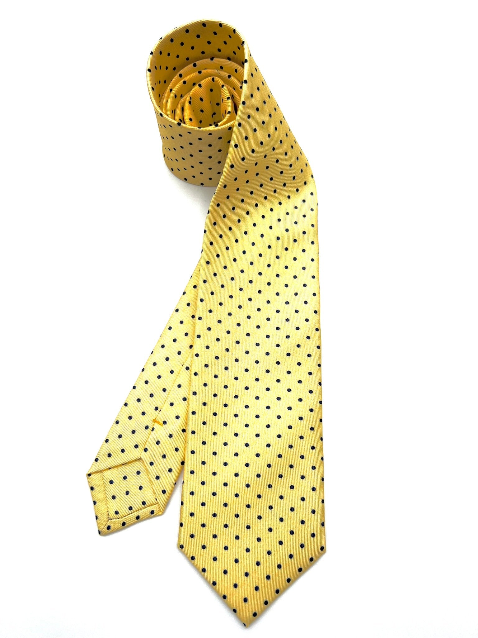 Yellow Polka Dots Silk Tie. Pure silk three fold tie. Handmade by our Italian tailors. 100% Pure silk. Our ties standard width is 8 cm (3.15 inch),  standard length is 150 cm (59 inch). | Sartoria Dei Duchi - Atri