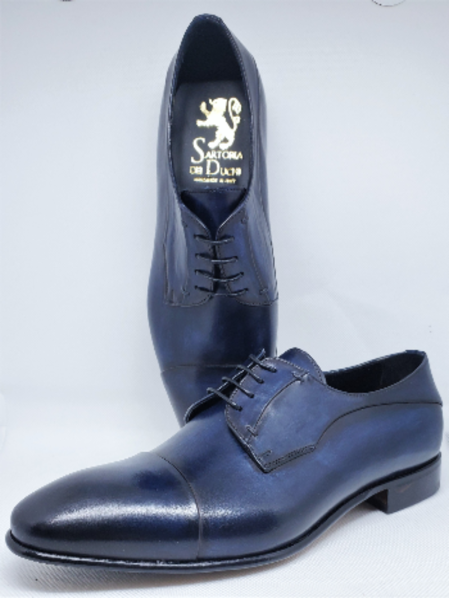 Classic Derby Shoe / Long Shape Blue Smart/casual style/High instep Flexible structure, suitable for wider feet / BLUE, HAND SHADED / leather crust colored and hand-aged  calfskin /  black calf lining / Elongated shape /  Lightweight leather bottom with anti-slip insert   sewn to BLAKE / Leather insole | Sartoria Dei Duchi - Atri