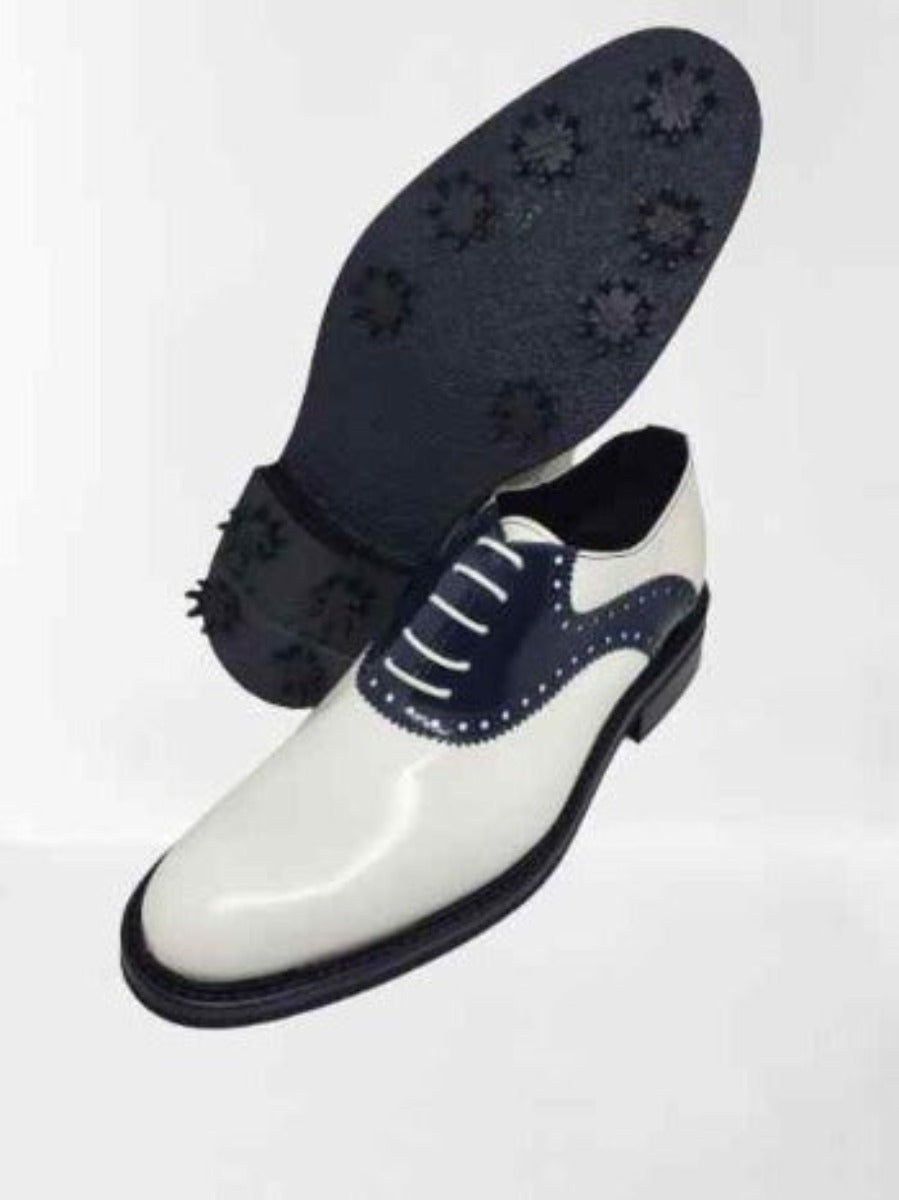 Classic Golf shoe - Handmade Classic Golf shoes, in white and dark blue colors, 100% made in Italy with genuine leather and with soft spikes golf outsole, soft and flexible extra light wedge sole with leather mid-sole. BLAKE processing. Regular shape suitable for a large audience. Ideal to wear during your golf matches | Sartoria Dei Duchi-Atri