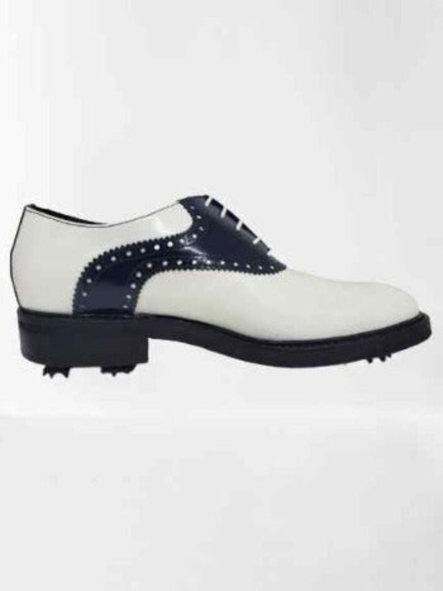 Classic Golf shoe - Handmade Classic Golf shoes, in white and dark blue colors, 100% made in Italy with genuine leather and with soft spikes golf outsole, soft and flexible extra light wedge sole with leather mid-sole. BLAKE processing. Regular shape suitable for a large audience. Ideal to wear during your golf matches | Sartoria Dei Duchi-Atri