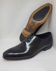 Oxford Wholecut Shoe | Elongated Black Seamless Polished Abrasive Calfskin Leather | Sartoria Dei Duchi-Atri