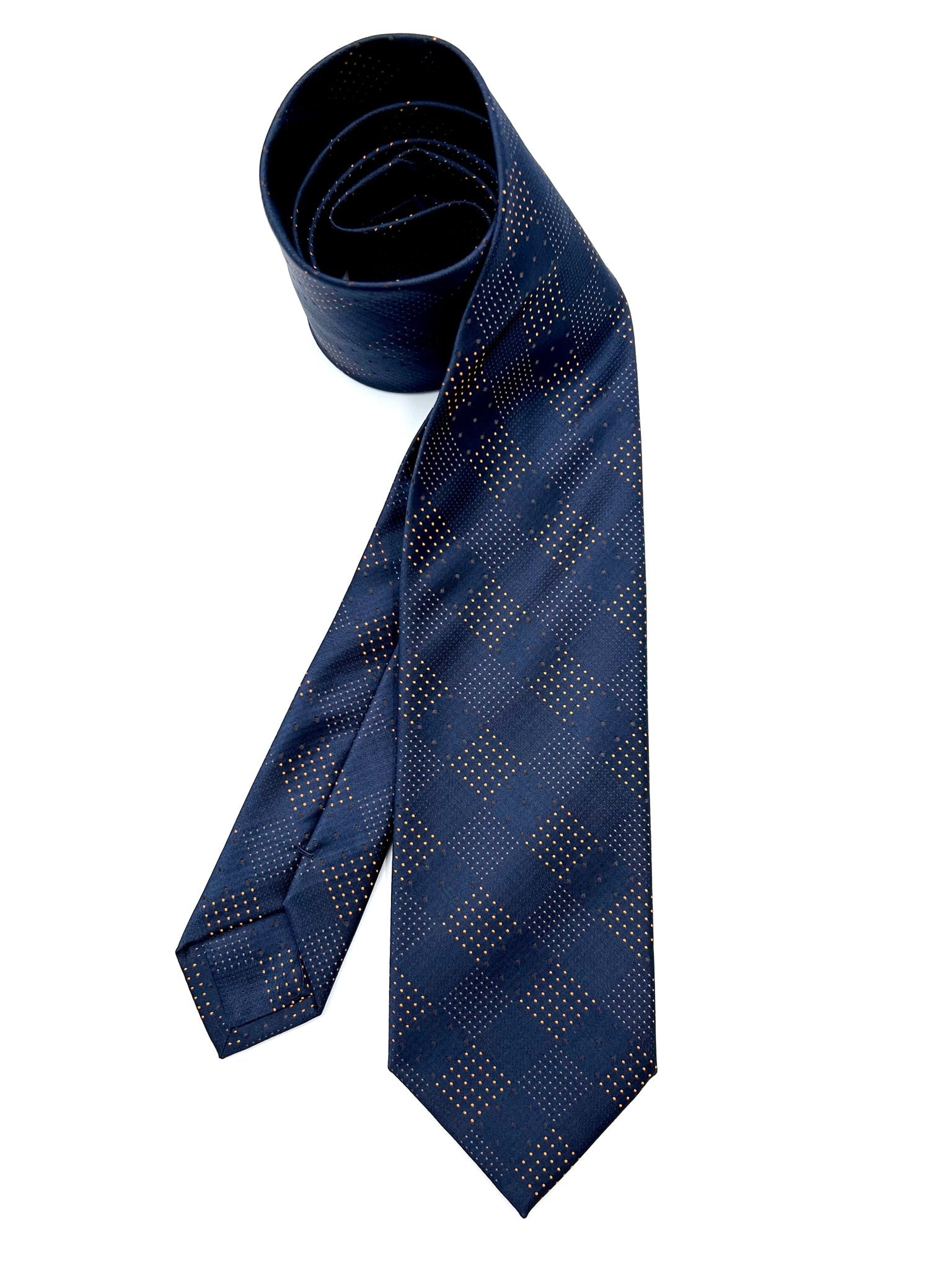 Navy Blue Orange Patterned Silk Tie Pure silk three fold tie. Handmade by our Italian tailors. 100% Pure silk. Our ties standard width is 8 cm (3.15 inch),  standard length is 150 cm (59 inch). | Sartoria Dei Duchi - Atri