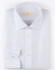 Made with a 140/2 cotton twill by Thomas Mason "Hampton",  in white color. This long sleeve shirt is made with  a semi French collar and a rounded wrist. The stitching  is 5 mm and the buttons, applied by hand, are in mother  of pearl Australia.  The fit is regular-Sartoria Dei Duchi-Atri